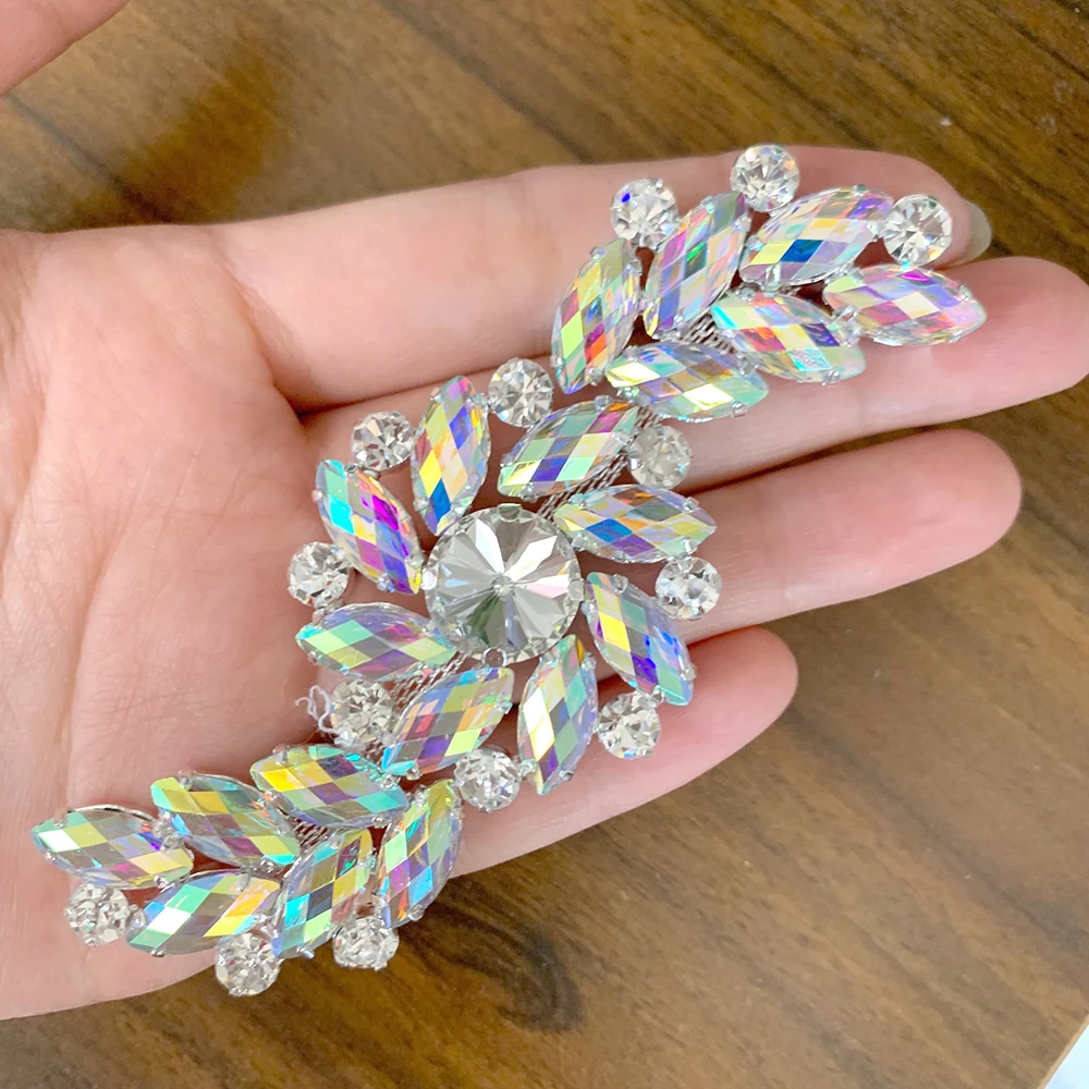 

S shape Flower shape Rhinestone applique crystal AB silver base Flatback sew on rhinestone belt for wedding dress decoration