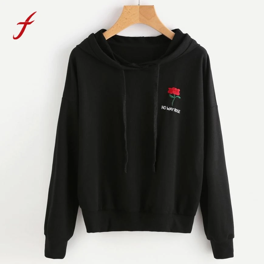 Feitong Autumn Women Embroidery Rose Tops Hooded Pullover