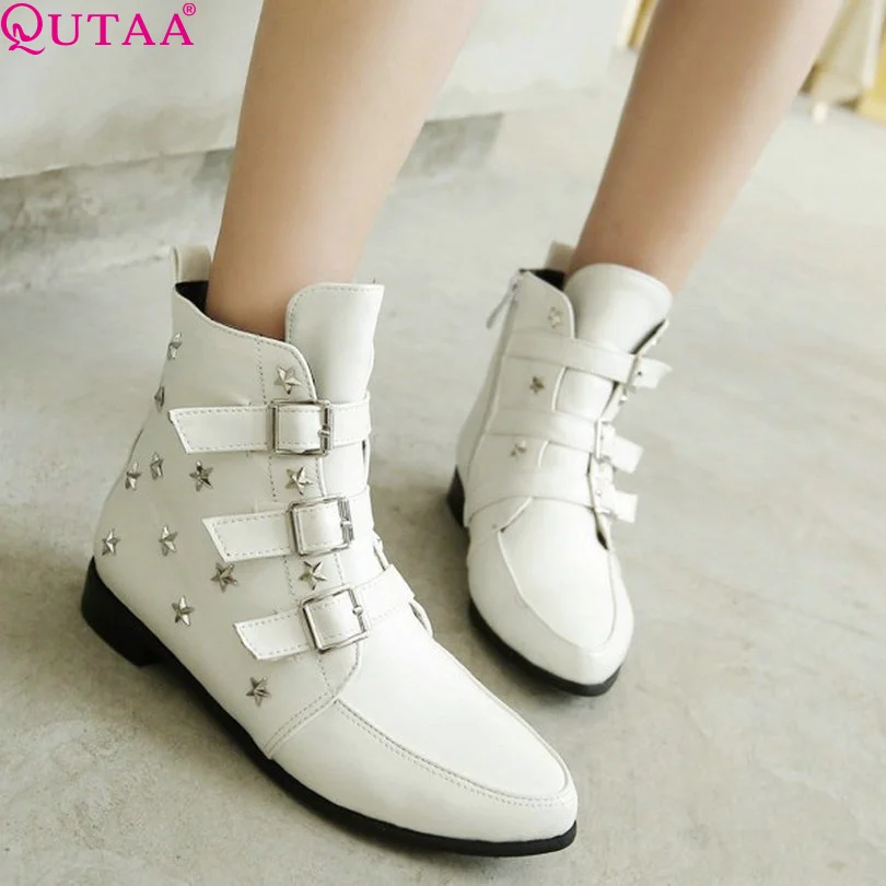 

QUTAA Women Boots Female Spring And Autumn Fashion Women's Boots Flat Vintage Motorcycle Boots Size 34-43