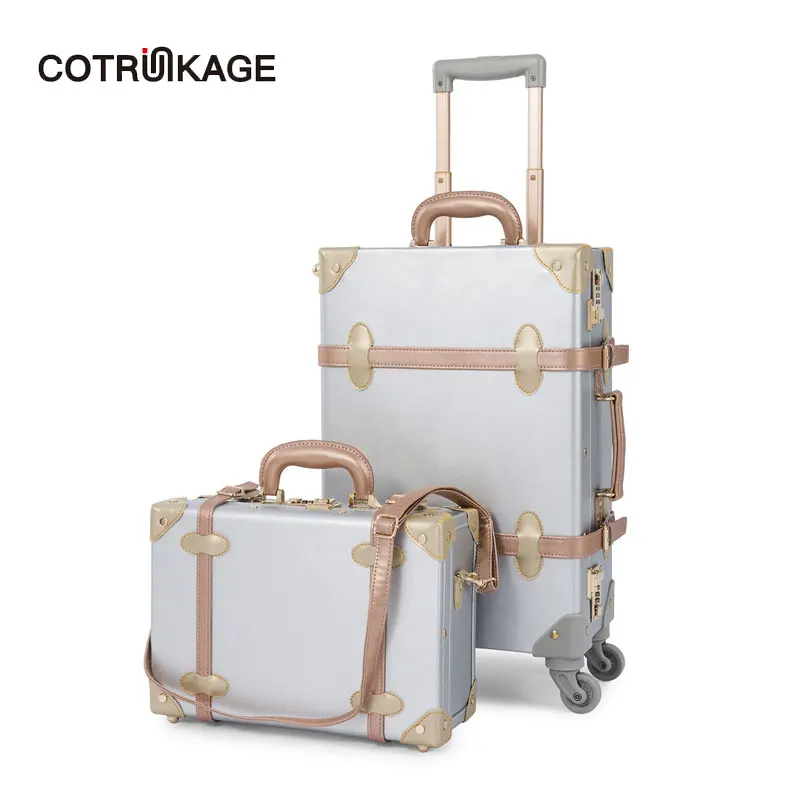 

COTRUNKAGE 2 Pcs Silver Retro Pu Leather Suitcase Women Trunk Vintage Luggages Girls Rolling Luggage Set with 13" Cosmetic Case