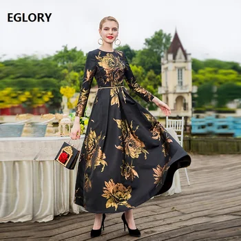 

4XL!Top Quality New Plus Size Maxi Gown Dress 2018 Autumn Vestidos De Festa Women Golden Flower Print Vintage Long Dress Femme