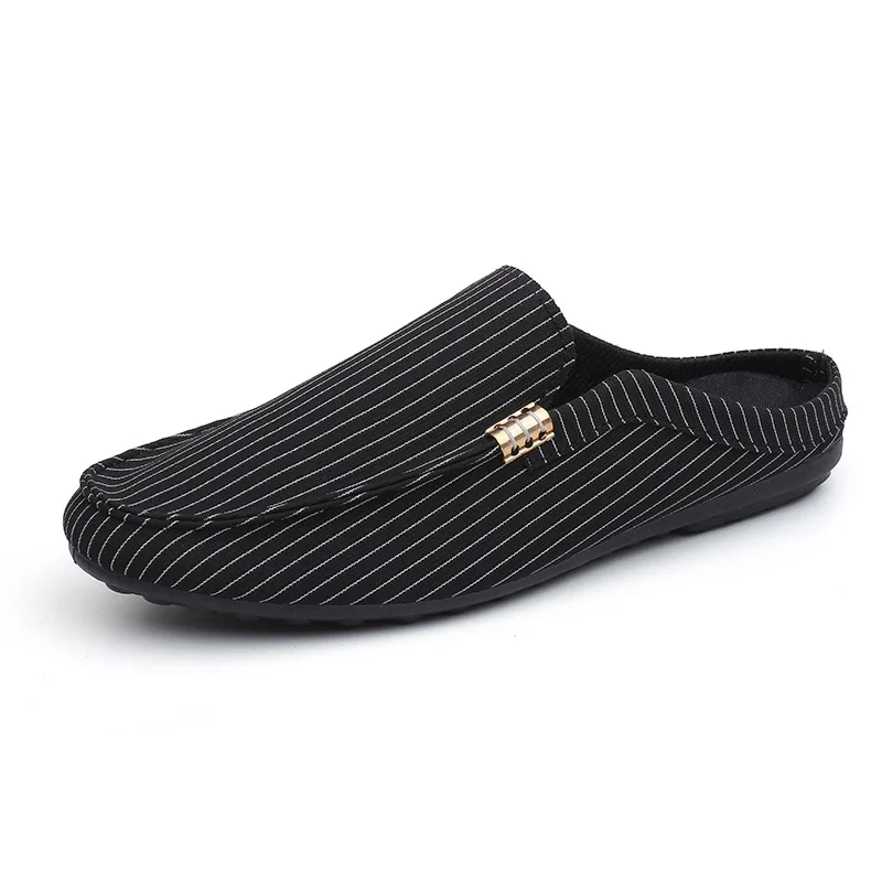 

New Fashion Man Canvas Flats British Half Slipper Loafers Stripe Summer Men Driving Shoes Black / White Slippers Chaussure Homme
