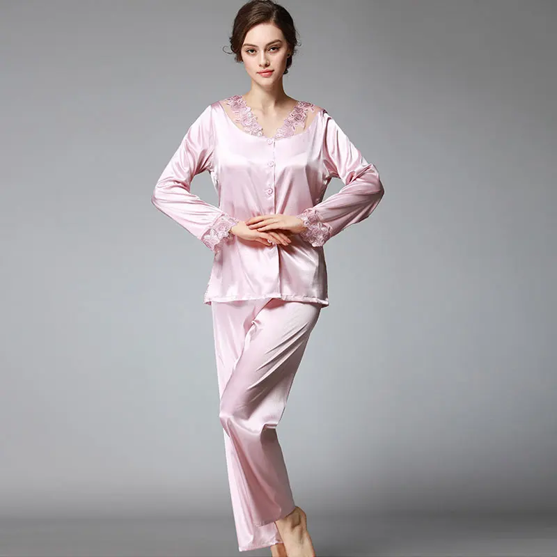 

High Quality Lady Nightdress Female Sexy Sleepwear Pajamas 2019 Spring Autumn Women Satin Silk Pajama Set Sleepcoat Sleep Pant