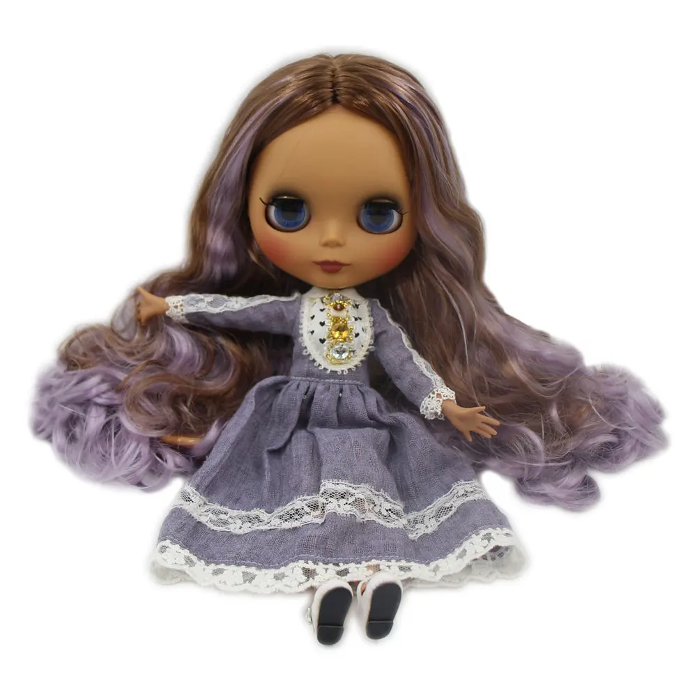 

ICY Nude Factory Blyth doll Black skin Matte face Joint body 1/6 bjd Brown mix Purple hair. NO.BL9158/1049