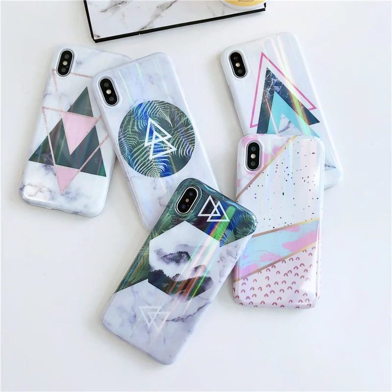 

Blu-ray Mountain scenery laser phone cases for iphone XS Max case triangle pattern marble case for iphone X XR 6 7 8 7plus case