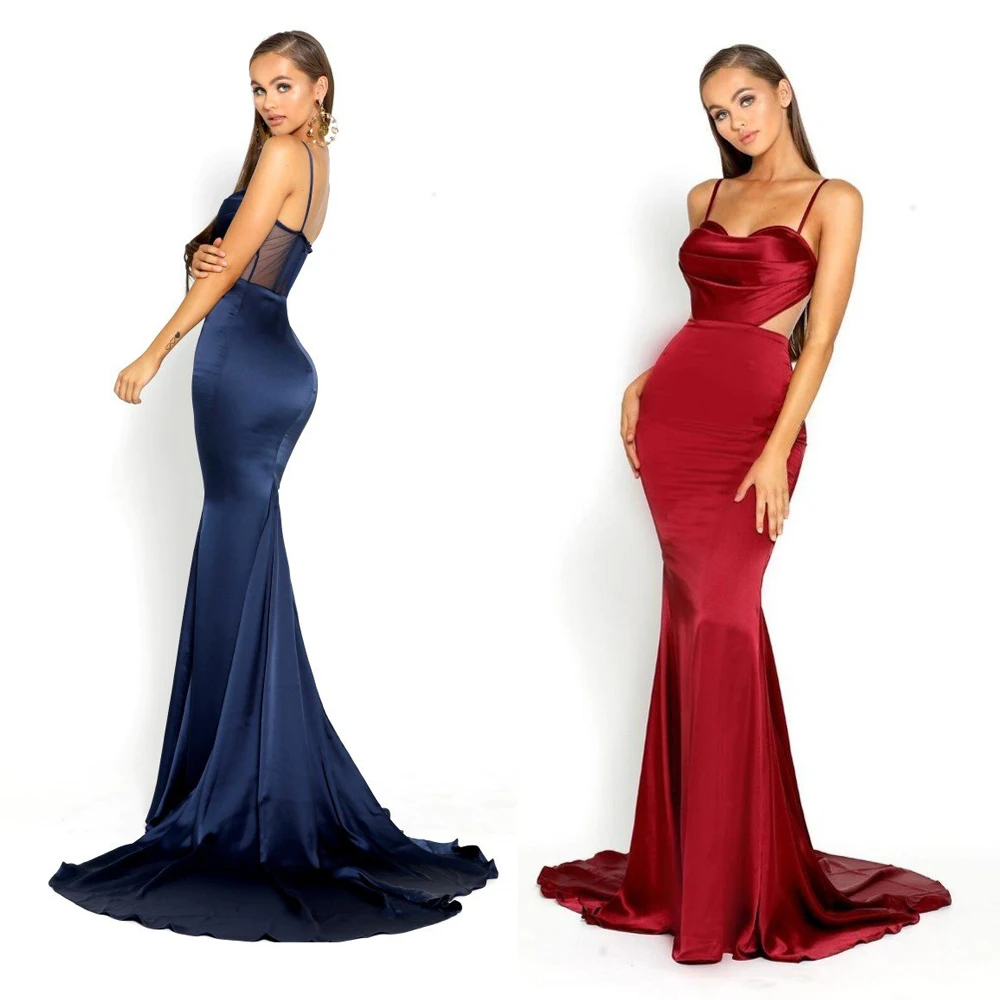 

Pleated Black Satin Formal Evening Hollow Out Evening Gown Maxi Dress Robe Sleeveless Court Train Floor Length Mermaid Dress