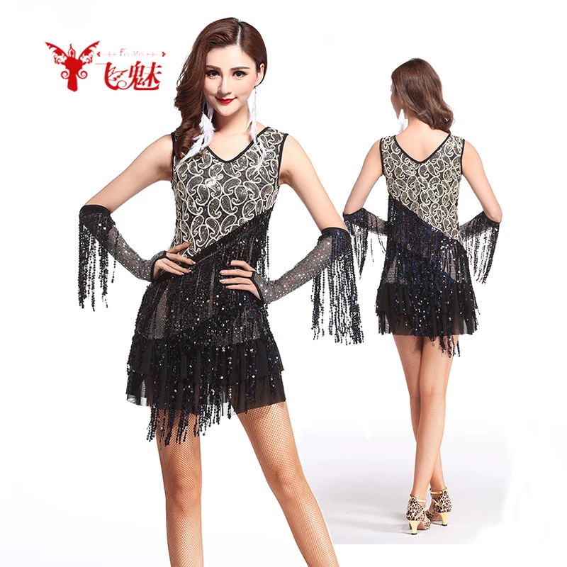 Women's clothing sequins Fringed Latin dance dress/skirt+gloves*2 suit female performance