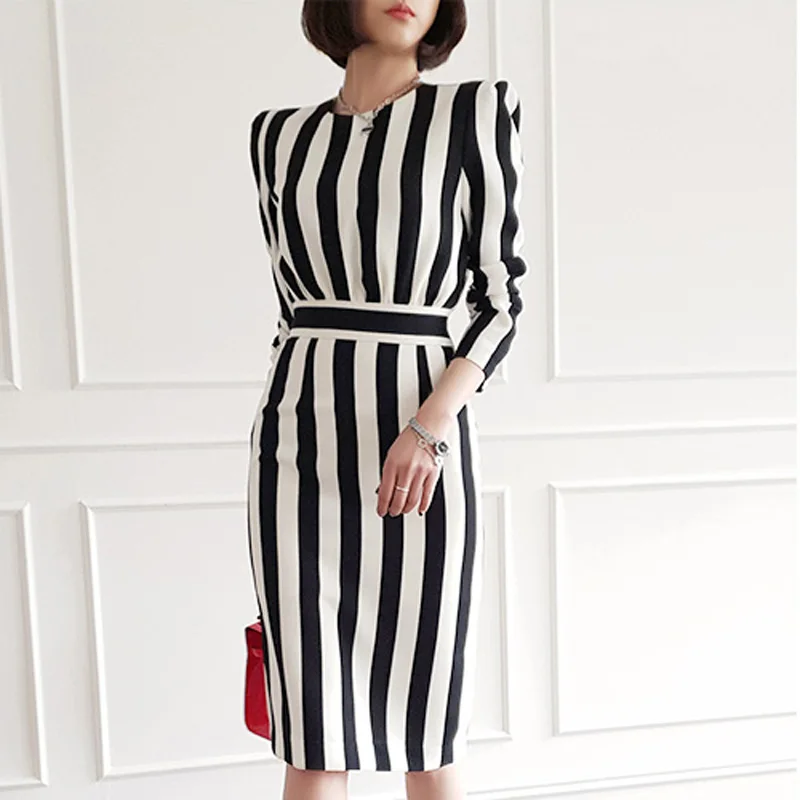 

Women Elegant Office Lady Striped Dress 2019 Spring Summer O Neck Knee Length Style Work Dress