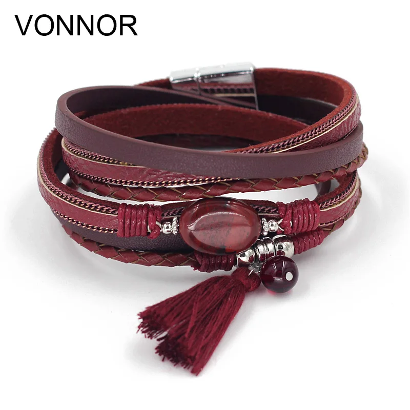 VONNOR Jewelry Boho Bracelets for Women Leather Wrap Bracelet Stone Tassel Charm Bracelets autumn Winter Femme Accessories 2017 new triple leather wrap bracelet for women fancy stone handmade multilayer czech glass beads leather rope jewelry