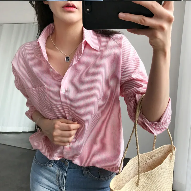 

HziriP Korea Striped Summer Plus Loose Suit 2019 Sweet Office Ladies Brief Fashion Women All Match Long Sleeves Casual Shirts