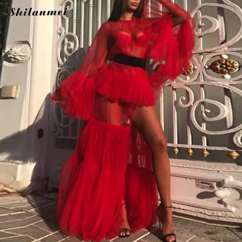 Новые пикантные однотонные See Through Look в пол длина с боковыми ночной клуб платье Flare