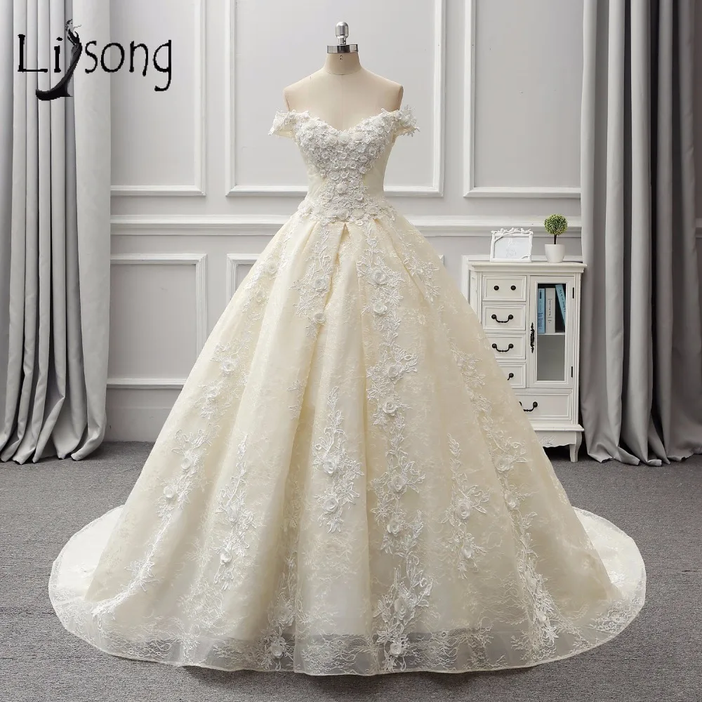 Vintage Beige Flor Vestidos De Novia De Encaje Trajes De Novia Con Perlas Vestidos De Bola Abultados Encaje De Talla Grande Abiye Vestido De Novia De Noiva Vestido De Noiva Vestido De Noiva Plusde