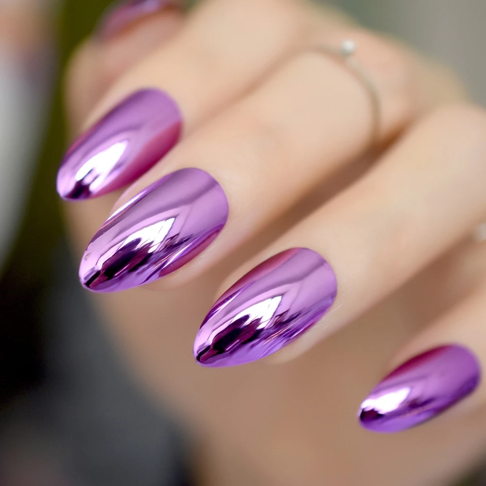 

24pcs Solid Purple Color Metallic Stiletto False Nails Metal Punk Oval Sharp end Full Fake Nail Tips Salon Bride Wear Nails Art