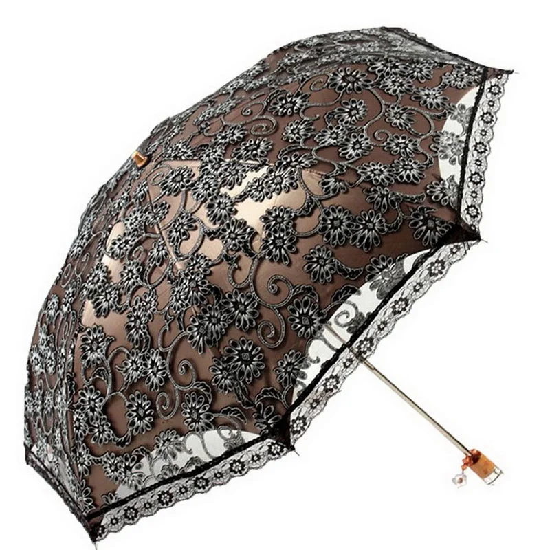 1pc Elegant Beautiful Double folding Black Coating Lace Ladies Parasol