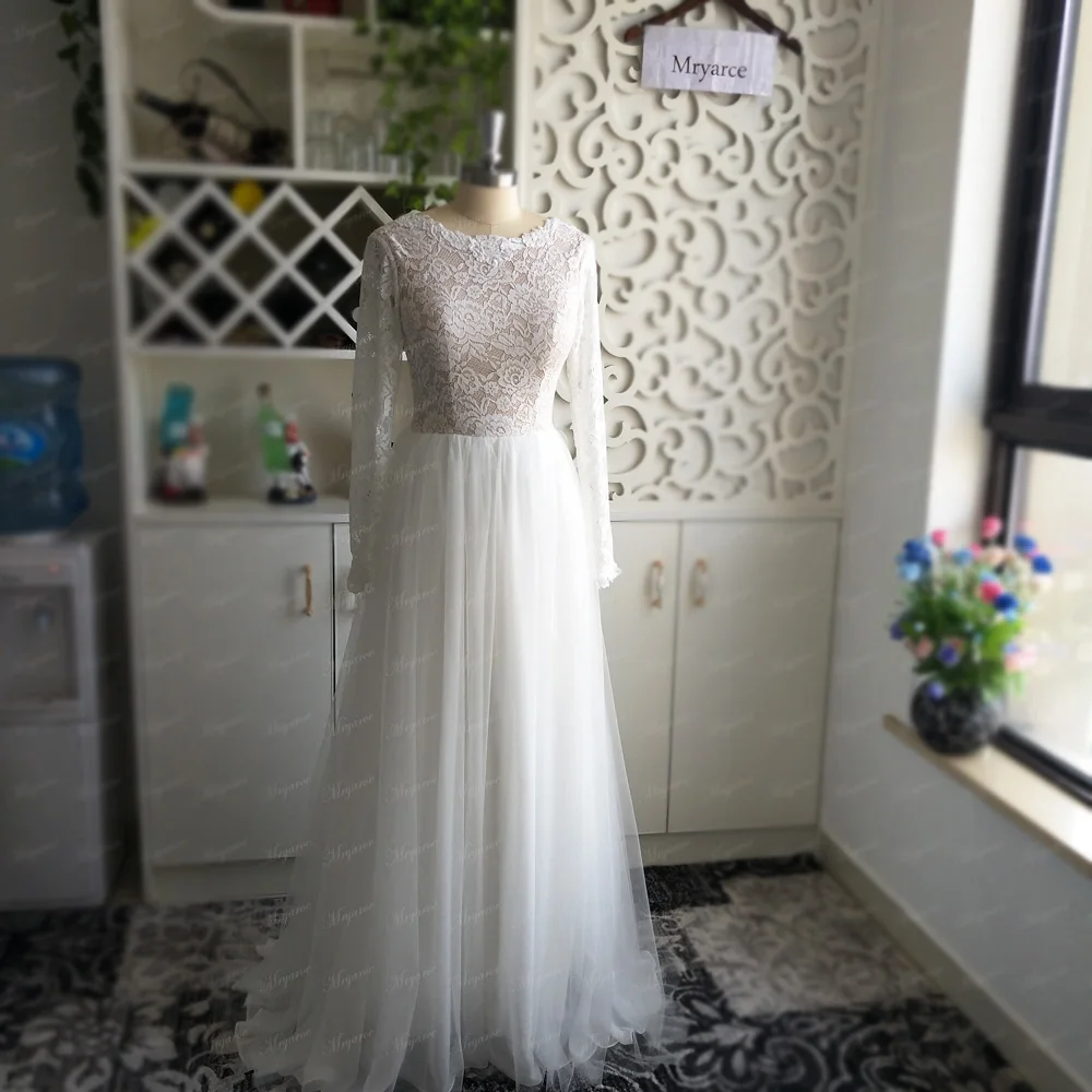 Mryarce Sretchy Lace Sleeves Wedding Dress Open Back Chiffon Tulle A Line Outdoor Garden Wedding Bridal Gowns  (3)