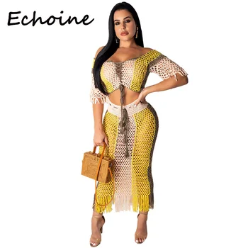 

Echoine Fashion 2 Piece Set Off Shoulder Short Sleeve Sheer Grid Tassel Hollow Out See Through Crop Top + Dress Summer Clothes