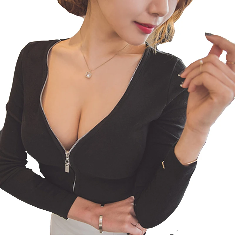 2018 Sexy V Neck Front Zipper T Shirt Women Brand Crop Tops Long Sleeve Tee Tops Hot Casual Slim Fit Solid Basic Shirt Blusa