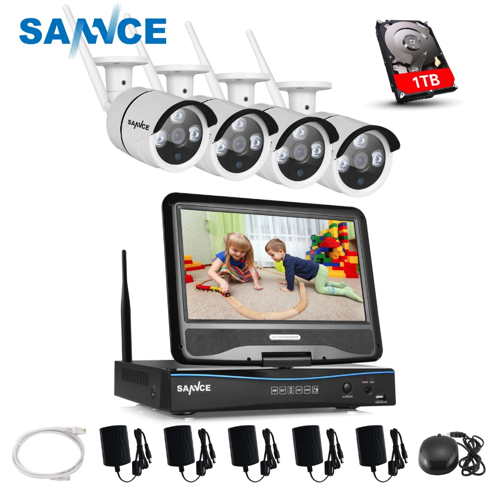 Sannce 2.4 г 10.1 ЖК-дисплей 4CH HD 720 P Беспроводной NVR Wi-Fi 1500TVL в/Открытый ИК ip-камеры охранных Камера система с 1 ТБ