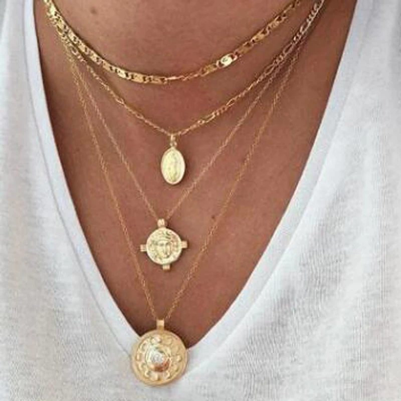 

Tocona New Fashion Multiple Layers Cross Flower Mary Gold Pendant Necklace For Women Charm Boho Retro Long Collares Jewelry 7100