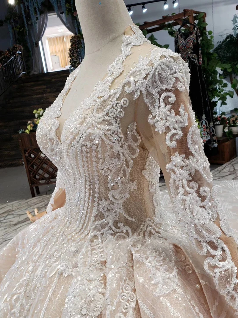 HTL433 long sleeves lace wedding dresses with train v-neck open back puffy ruffle wedding gowns heavy handwork robe de mariee (6)