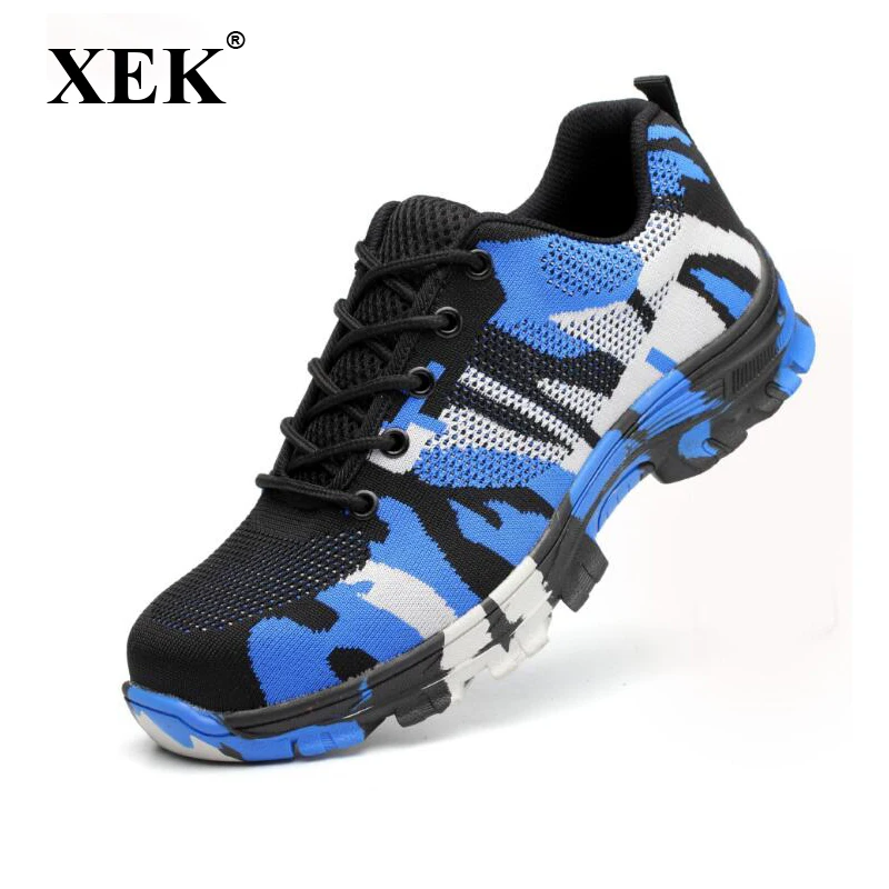 

XEK Men Safety Work Boots Camouflage Spring Breathable Mesh Steel Toe Casual Shoes Mens Labor Insurance Proof Shoes Wyq158