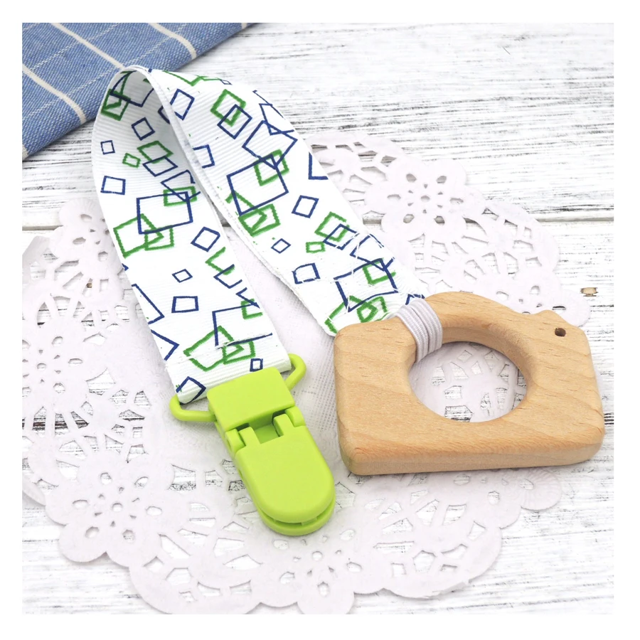 2018 New arrival print ribbon pacifier holder fabric pacifier chain beech wooden animal teether newborn gift CB06
