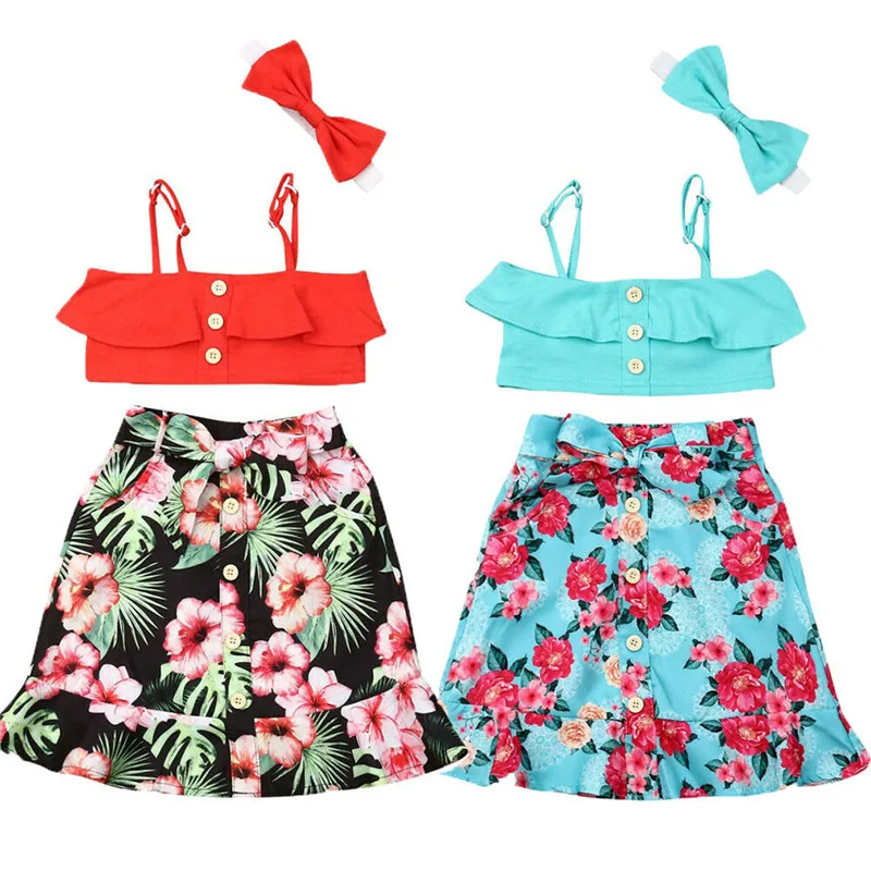

Boho Summer Kids Baby Girls Clothes Outfits 3Pcs Sleeveless Sling Crop Tops Flowers Button A-Line Skirts Headband Girl Sets 0-5Y