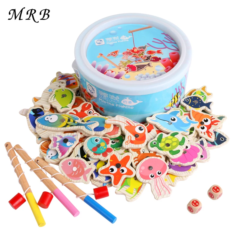 34 Pieces Kids Preschool Wooden Magnetic Fishing Fish Game Toy Set Play Fun