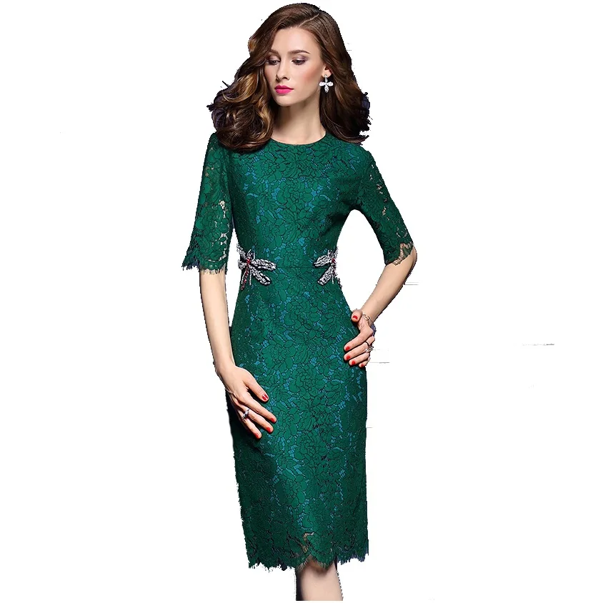

Women Elegant Green Dragonfly Beading Hollow Out Lace Office Dress Feminine Vestidos O-Neck Half Sleeve Work Party Dresses Y0919
