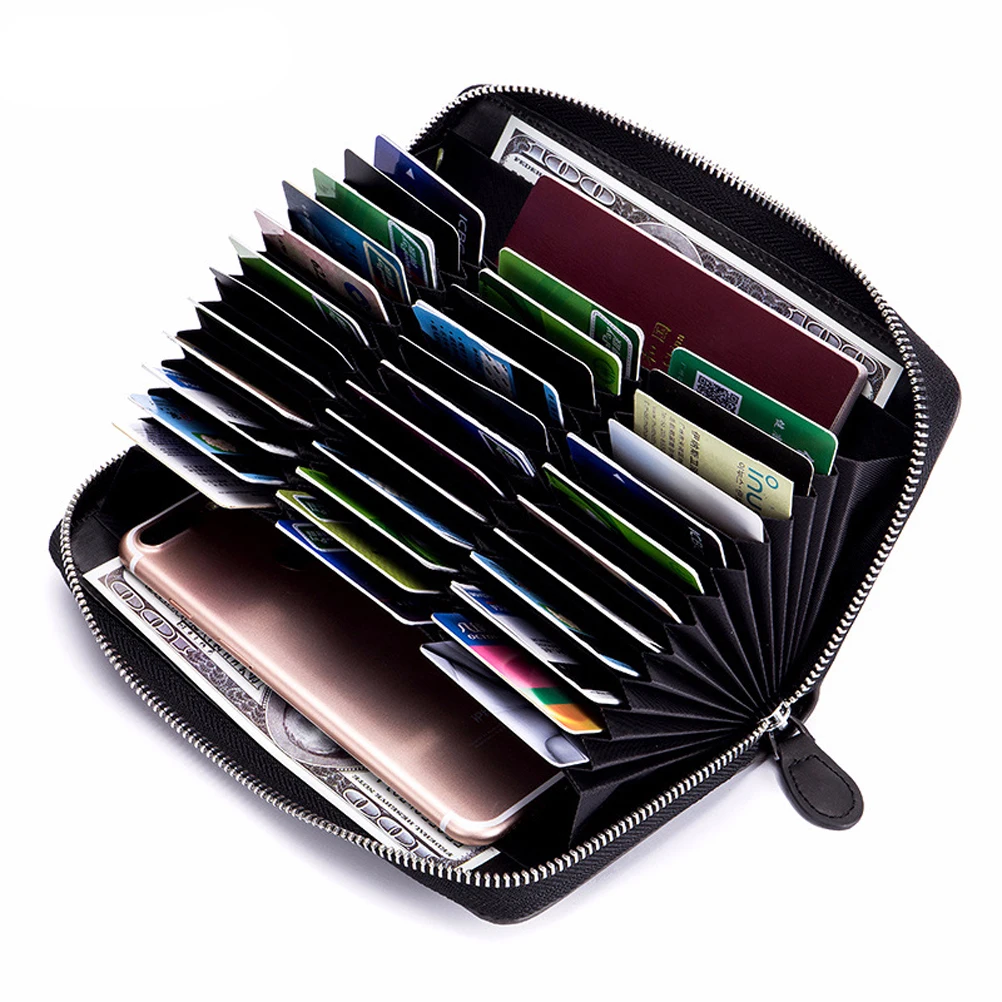 

Large Wallet Genuine Leather Business Card Holder Coin Purse ID Credit Card Wallet with Zipper Prevent RFID Female Card Holder