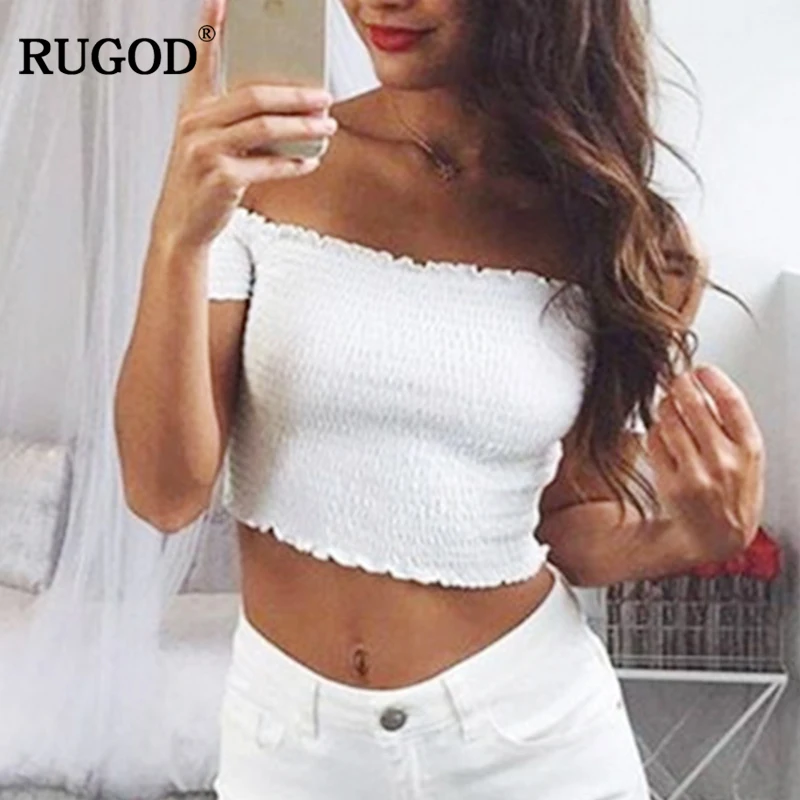 RUGOD 2018 Для женщин Sexy с плеча блузка короткий рукав Повседневное тонкий высокий эластичный белый черный рубашка раза Для женщин s Топы и
