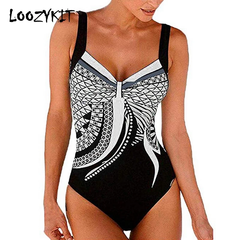 

Loozykit Retro Plus Size 2XL Piece Swimsuit Halter Print Bathing Suit Backless Monokini Women Push Up Vintage Swimwear 2019
