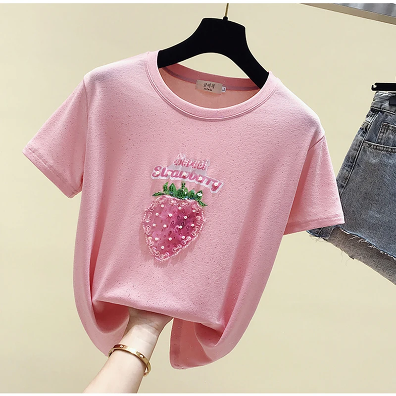 

GGRIGHT Summer T shirt Women Beading Letter Pink Tee Shirt Femme Vintage T-shirt Female Short Sleeve Cotton White Tshirt Tops