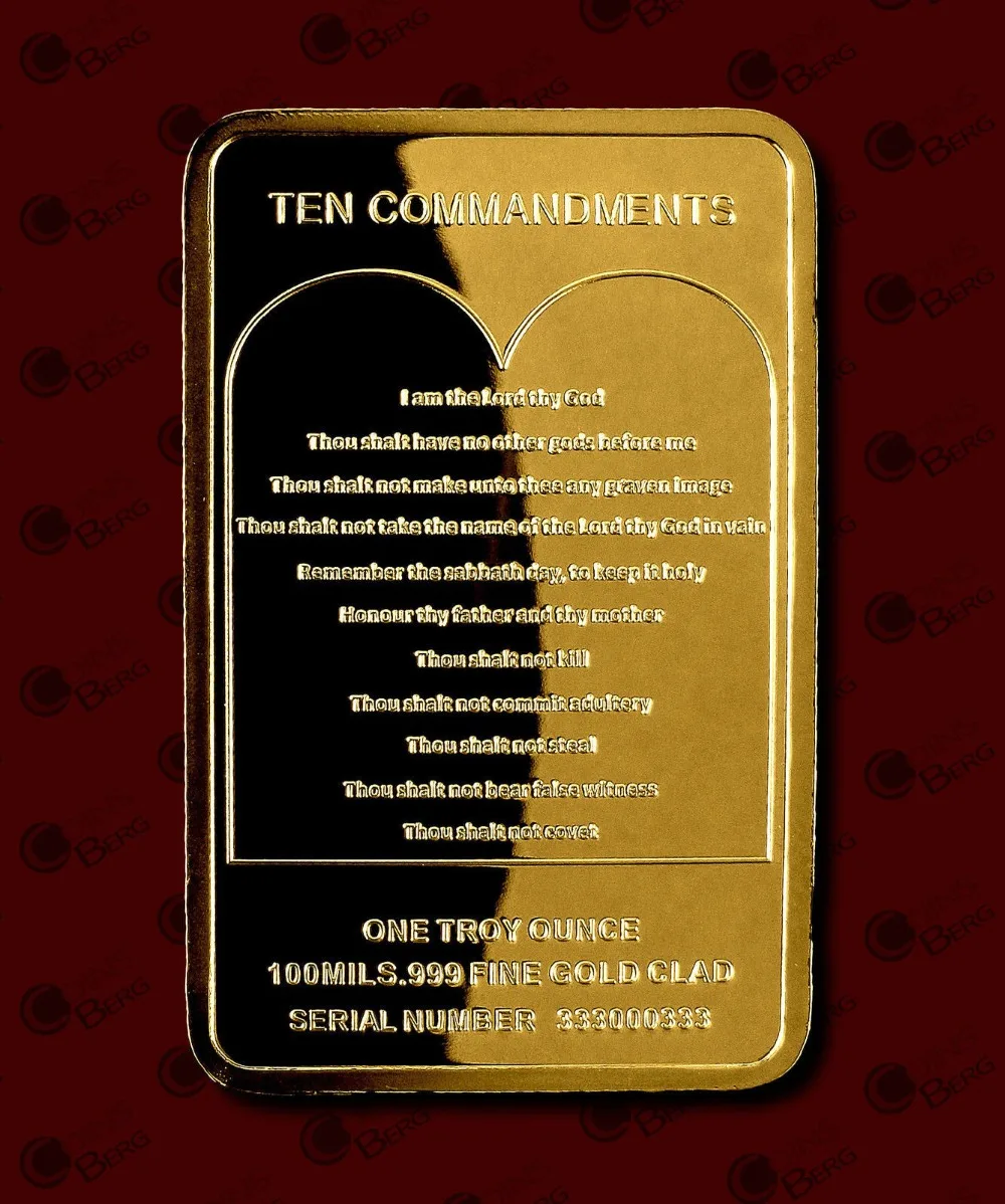 JESUS CHRIST, TEN COMMANDMENTS, 1 OZ, GOLD Plated BAR,  (1)