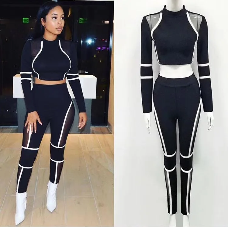 

Two Piece Set Women Long Sleeve High Neck Long Pants Set Sexy Autumn Winter Bandage Bodycon Runway Women Pants Set
