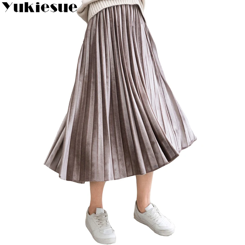 2018 High Waist Women Long Skirt velvet Pleated Skirts Fashion Design