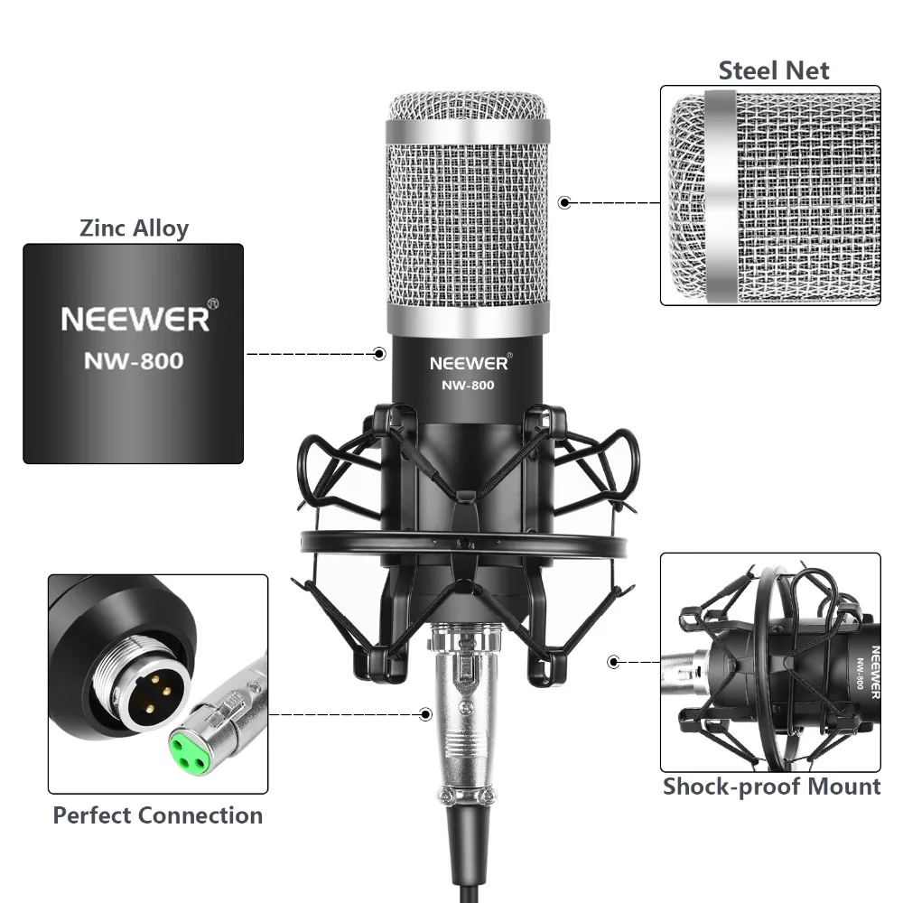 Neewer NW 800 конденсаторный микрофон (черный/серебристый) комплект с USB Звуковая карта