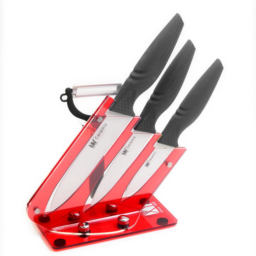 

XYJ Brand Balck Cover 3.4.5 Inch Ceramic Knife + Red Acrylic Knife Holder + Sharp Blade Peeler Best Kitchen Knife 5 Piece Set