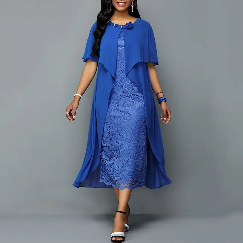 Summer Office Ladies Blue Elegant Party Vintage African Women Midi Dresses Plus Size Bodycon Plain Falbala Female Chic Dress