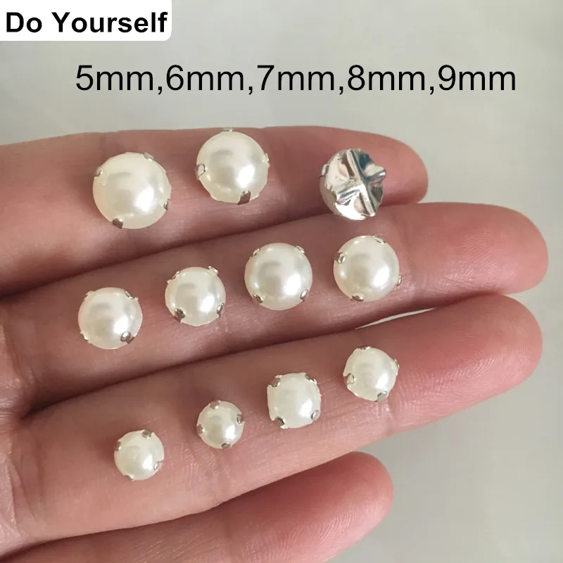 

Sew on Pearls Round Milk White Silver-color Prong Setting,Domed Pearl With Silver Claw Sew on Pearl Buttons,5mm,6mm,7mm,8mm,9mm