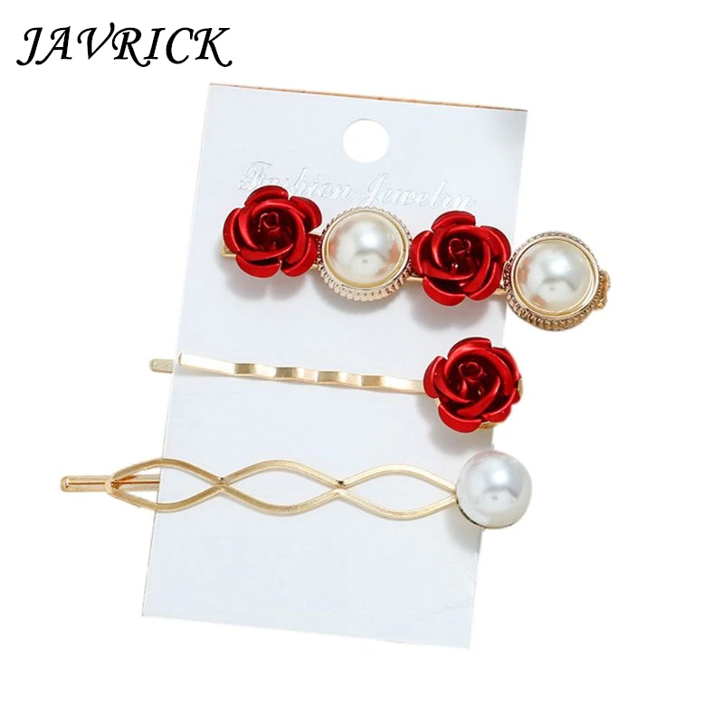 

JAVRICK 3 Pcs/set Fashion Hairpins Set Girls Bangs Word Clip Multicolor Artificial Pearl Candy-colored Roses Rhombus Hairpin