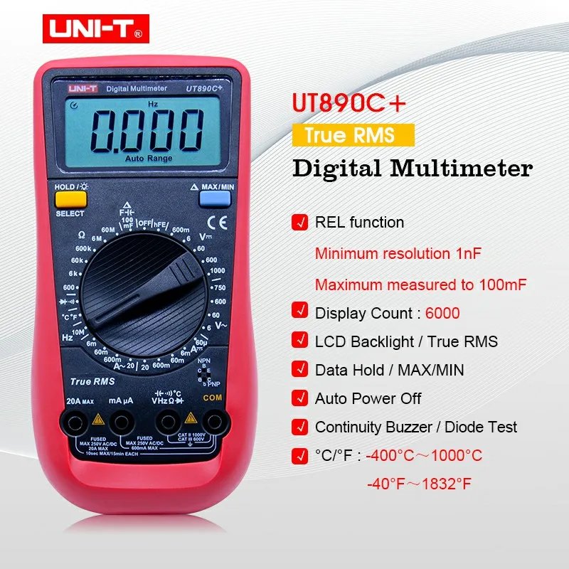 

UNI-T UT890C+/UT890D True RMS Multimeter LCD Digital Display Electrical Tools Handheld Ohm AC/DC Voltage Ammeter Current Tester