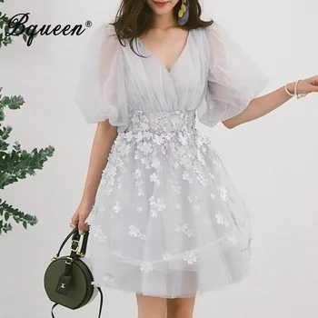 

Bqueen Lady's Lace Dress Solid Half Lantern Sleeve Embroidery V-Neck Mini Dress Summer Above Knee Party Dresses