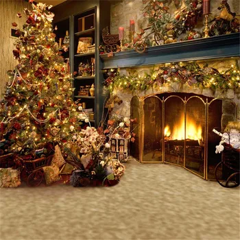 

Indoor Fireplace Christmas Tree Photography Background Vintage Printed Kids Toys Gifts Holiday Home Decoration Party Backdrop