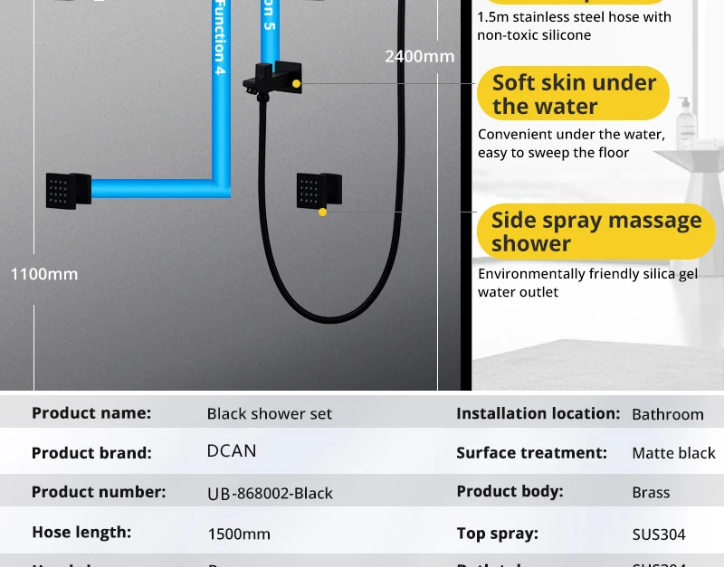 DCAN черная Душевая система светодиодный светильник с дистанционным управлением Многофункциональный латунный душевой набор
