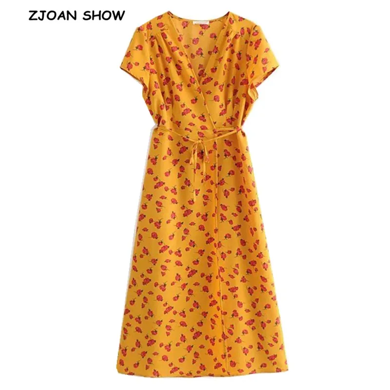 

French Cross V neck Red Rose Flower Print Wrap Dress Orange New 2019 Woman Lacing up Waist Slit Mid Long Slim Fit Summer Dresses