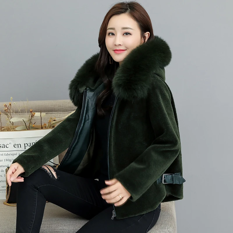 Femme Coréenne army Tonte Automne black Manteaux Col Moutons Vêtements De À Red 2018 Green caramel wine red Capuchon Court Ky322 Des Laine Beige Vestes Fourrure Hiver Nouveaux Imitation Petit 8805rcS7B
