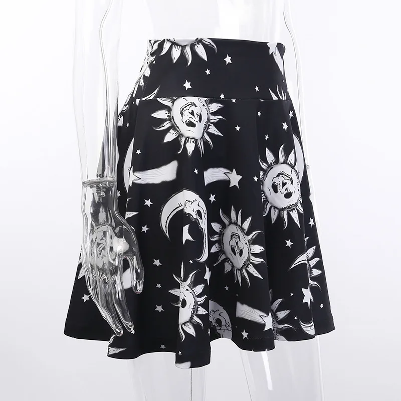 Harajuku юбка Для женщин Chill луна, звезды, солнце узор Милая Летняя мини юбка для Готический комплект для девочек черный пастельный, готический