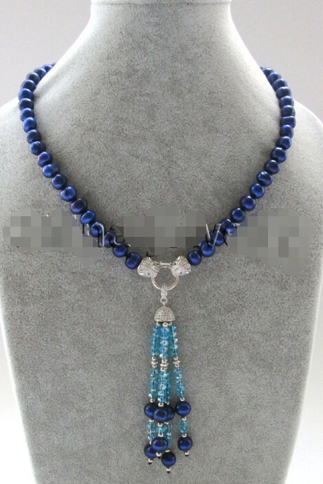 

shipping 18 " 8-9mm blue color round freshwater pearl + 4-5mm faced crystal necklace + 3