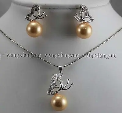 Быстрая >>>> 12 мм Золотой South sea Shell Pearl Серьги и Ожерелья Набор